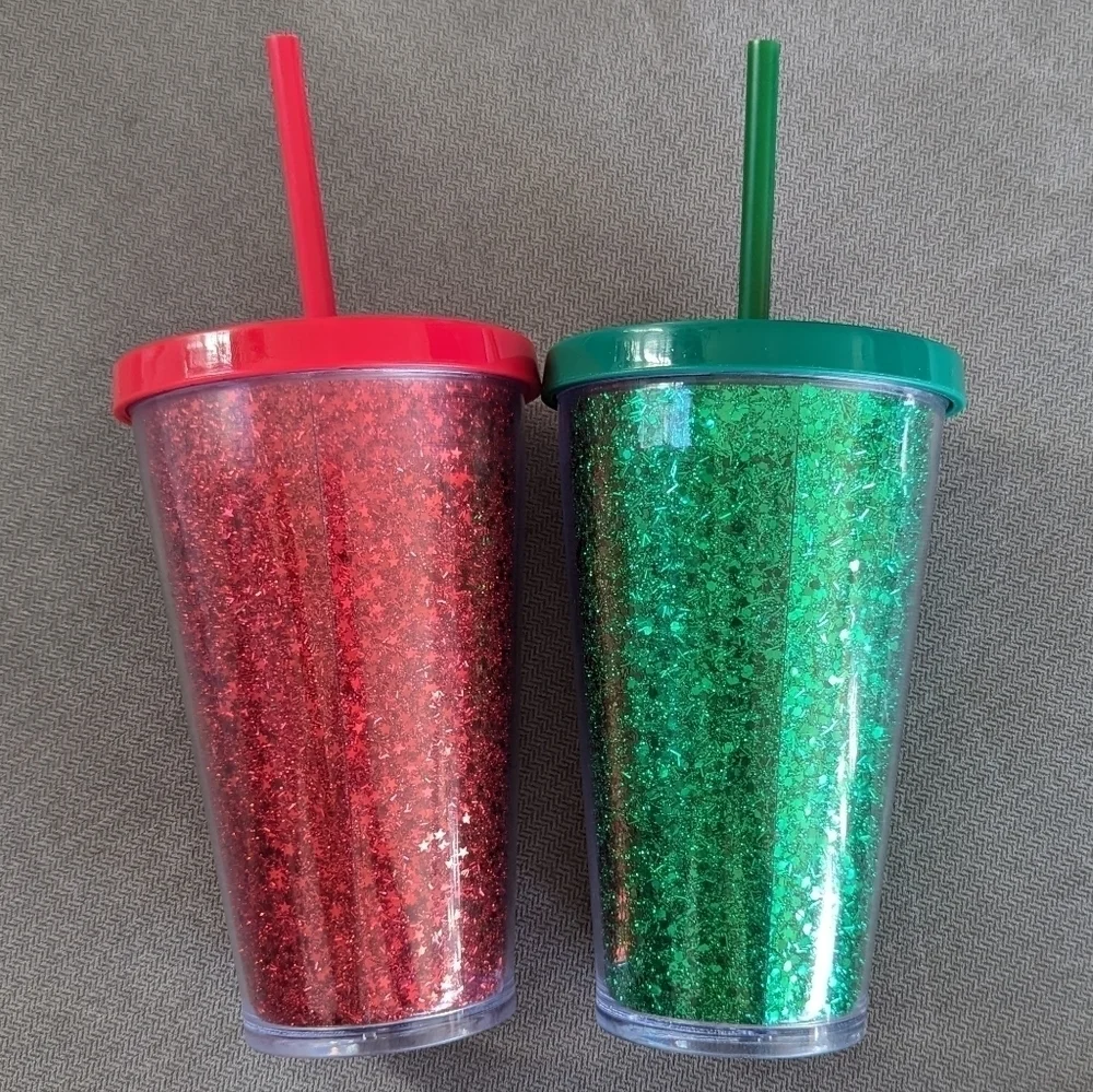 Starbucks Holiday Glitter 16 oz Tumblers SET OF 2 Red Green